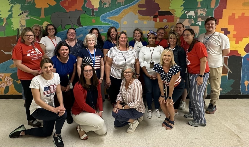 Teachers in group wearing patriotic colors